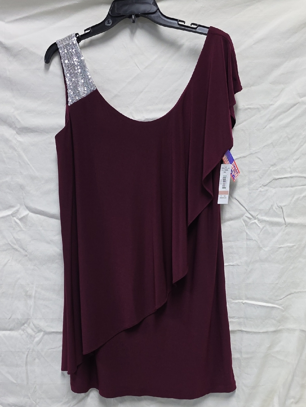 Rachel Wine One-Shoulder Dress with Silver Sequin Strap
